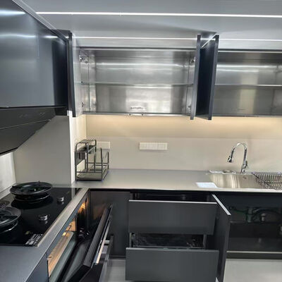 Edelstahl Küchenschränke für den Außenbereich, anpassbare Größen, moderner Stil mit Spüle, Schubladenauszug und Zubehör zur Aufbewahrung